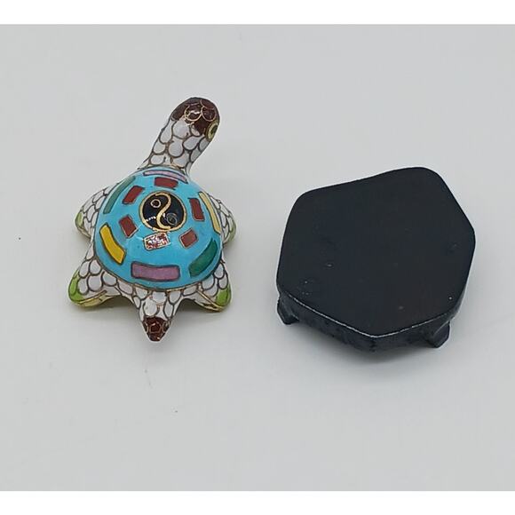 Cloisonne Enamel Colorful Turtle With Wooden Stand Figural Figurine Miniature - Picture 8 of 8